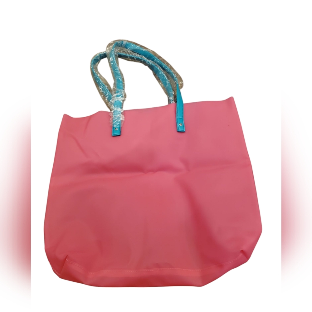 NWOT Stylish Nordstrom Pink Plastic Jelly Tote Bag with Teal Handles - Picture 2 of 7